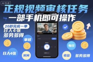 正规视频审核任务，一部手机即可操作，20秒完成一单，日入4张，多劳多得【揭秘】