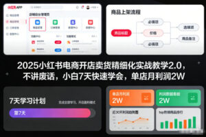 2025小红书电商开店卖货精细化实战教学2.0，不讲废话，小白7天快速学会，单店月利润2W