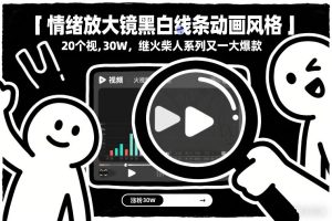 情绪放大镜黑白线条动画风格，20个视频，涨粉30W，继火柴人系列又一大爆款