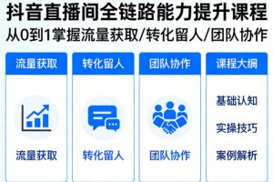 抖音直播间浓缩版视频课程，从0到1掌握直播间流量获取、转化留人、团队协作的全链路能力