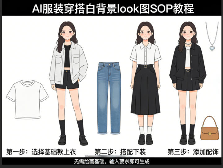 AI服装穿搭白背景look图SOP教程,不用会画画,提几句具体要求,AI就能还你一个奇迹