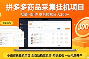 拼多多商品信息全自动采集项目，批量可矩阵，单机轻松日入300+，无需云机一台电脑开干【揭秘】