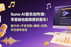 （18945期） Suno AI音乐创作课：零基础也能做原创音乐！提示词+声音克隆+翻唱+后期，学完接单变现