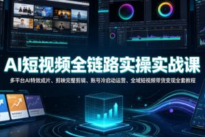 AI短视频全链路实操实战课｜多平台AI特效成片、剪映完整剪辑、账号冷启动运营、全域短视频带货变现全套教程