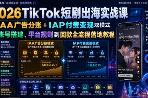 2026TikTok短剧出海实战课｜IAA广告分账+IAP付费变现双模式，从账号搭建、平台规则到回款全流程落地教程