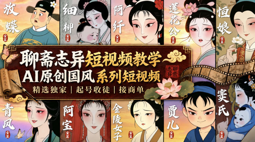 聊斋志异短视频教学，AI原创国风系列短视频，精选独家丨起号收徒丨接商单