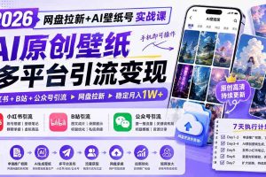 （19732期）2026网盘拉新+AI壁纸号实战课：AI原创壁纸+小红书+B站+公众号引流，手机即可操作，月入1W+