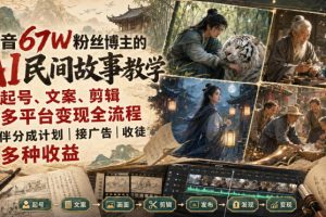 抖音67W粉丝博主的AI民间故事教学，从起号、文案、剪辑到多平台变现全流程，伙伴分成计划接广告等多种收益，月入1W+