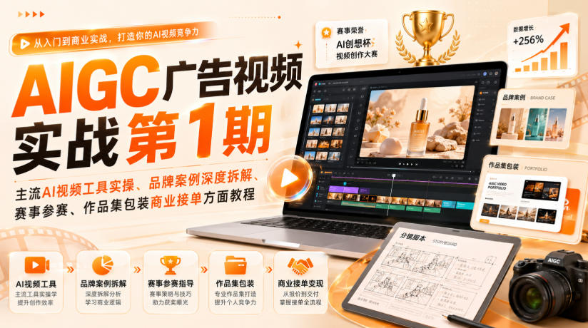 AIGC广告视频实战第1期，主流AI视频工具实操、品牌案例深度拆解、赛事参赛、作品集包装商业接单方面教程