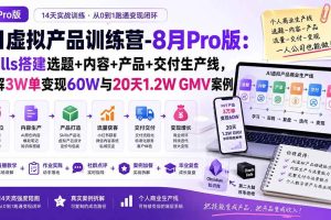 (19980期)AI虚拟产品训练营-8月Pro版:Skills搭建选题+内容+产品+交付生产线,拆解3W单变现60W与20天1.2W GMV案例
