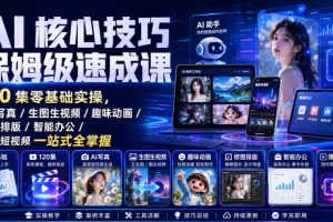 AI核心技巧保姆级速成课｜120集零基础实操，AI写真/生图生视频/趣味动画/修图排版/智能办公/爆款短视频一站式全掌握（更新）