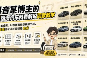 抖音某博主的AI动漫汽车科普解说同款教学，从文案分镜、AI绘画到动态视频生成，0基础解锁抖音精选独家收益