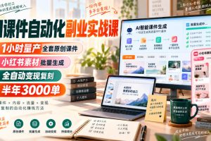 AI课件自动化副业实战课，1小时量产全套原创课件，小红书素材批量生成，全自动变现复刻，半年3000单