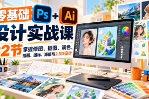 【无水印】零基础PS+AI设计实战课｜22节掌握修图、抠图、调色、插画、图标、海报与2.5D设计