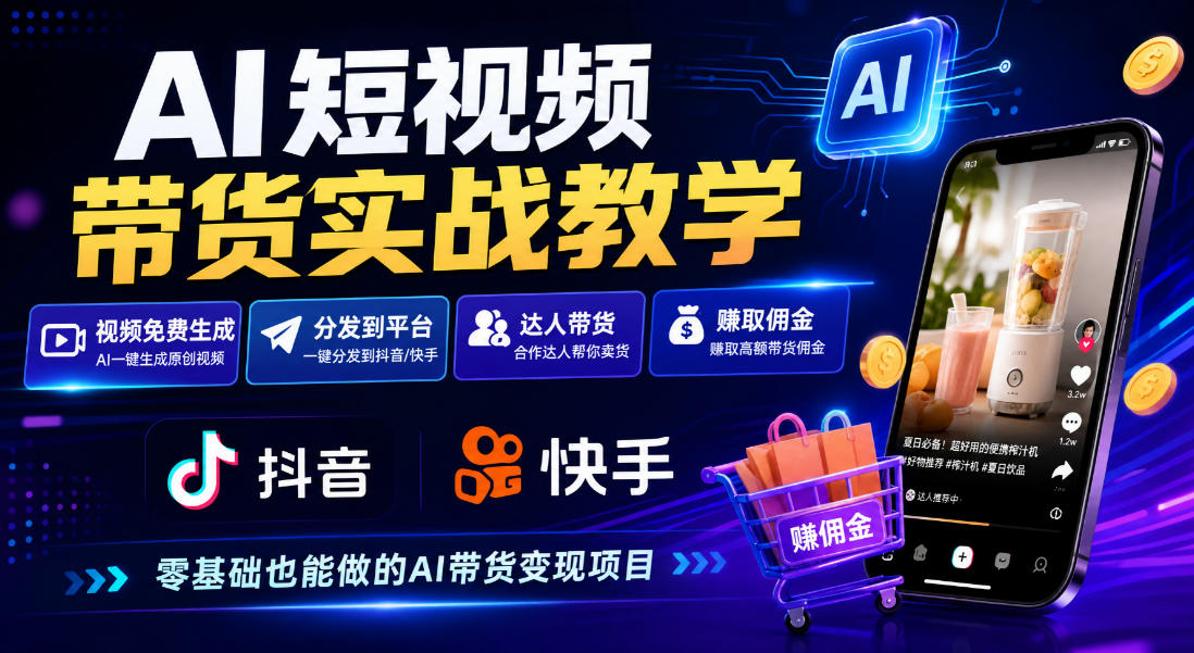 AI短视频带货实战教学,视频免费生成,分发到抖音快手平台,达人带货賺佣金